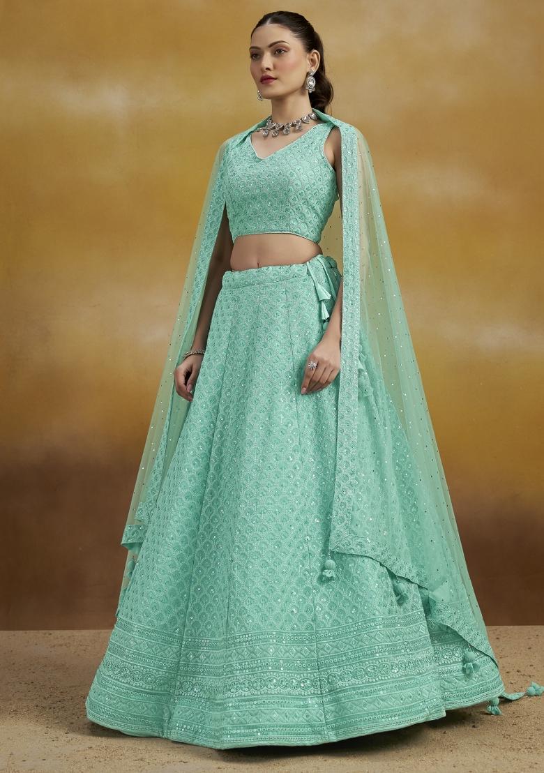 Sky Blue Sequins And Thread Embroidery Work Georgette Lehenga Choli - Indya