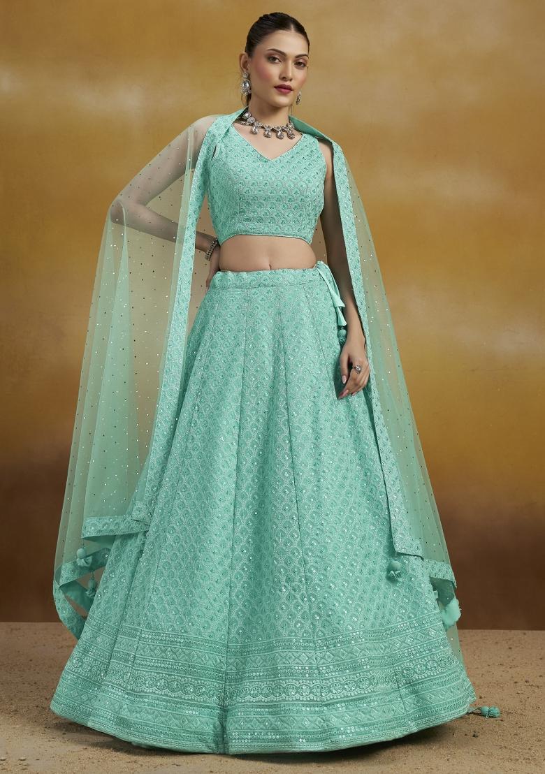 Sky Blue Sequins And Thread Embroidery Work Georgette Lehenga Choli - Indya