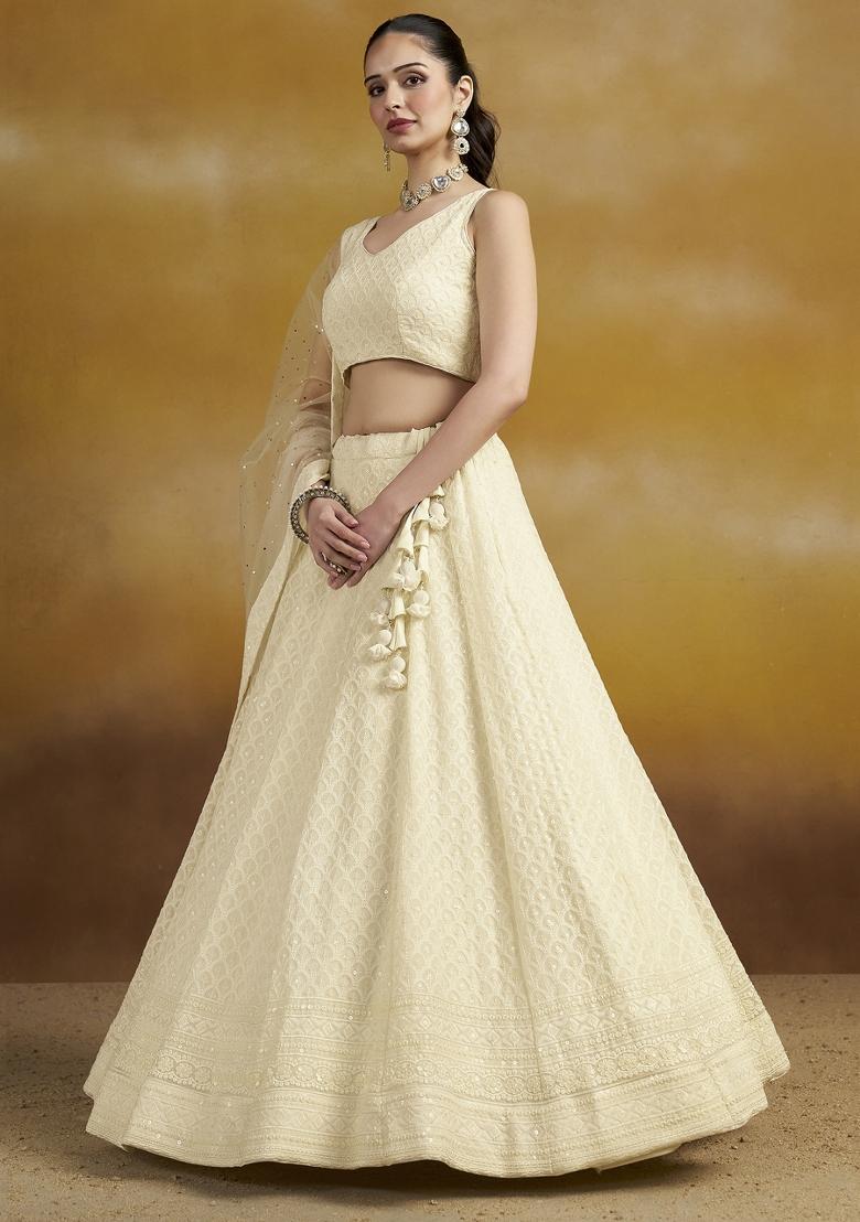 White Sequins And Thread Embroidery Work Georgette Lehenga Choli - Indya
