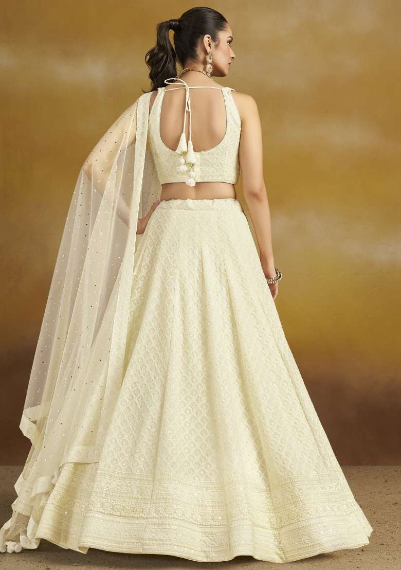 White And Choli Georgette Lehenga with Embroidery & Sequins for Diwali | Wedding & Festive Wear - Indya