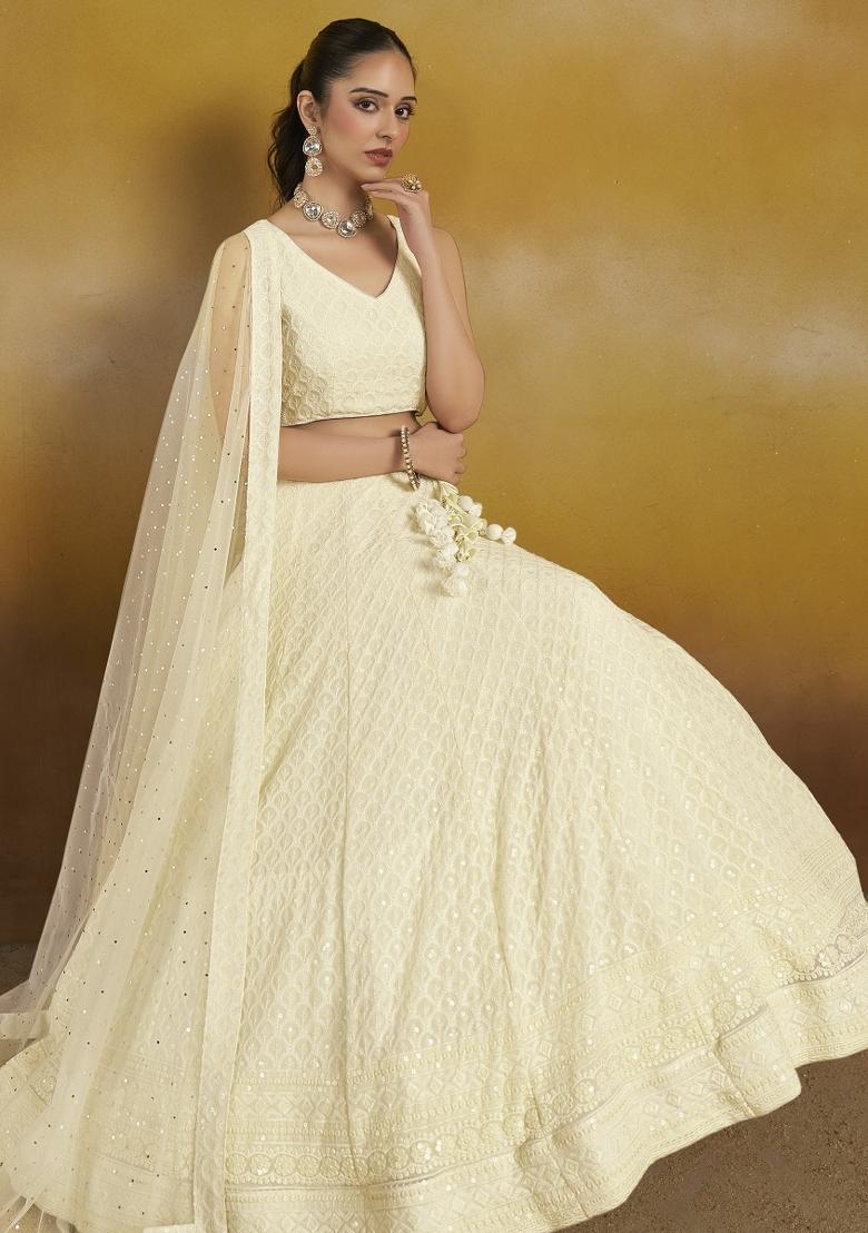 White Sequins And Thread Embroidery Work Georgette Lehenga Choli - Indya