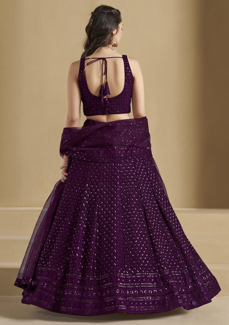 Wine Sequins And Thread Embroidery Work Georgette Lehenga Choli - Indya