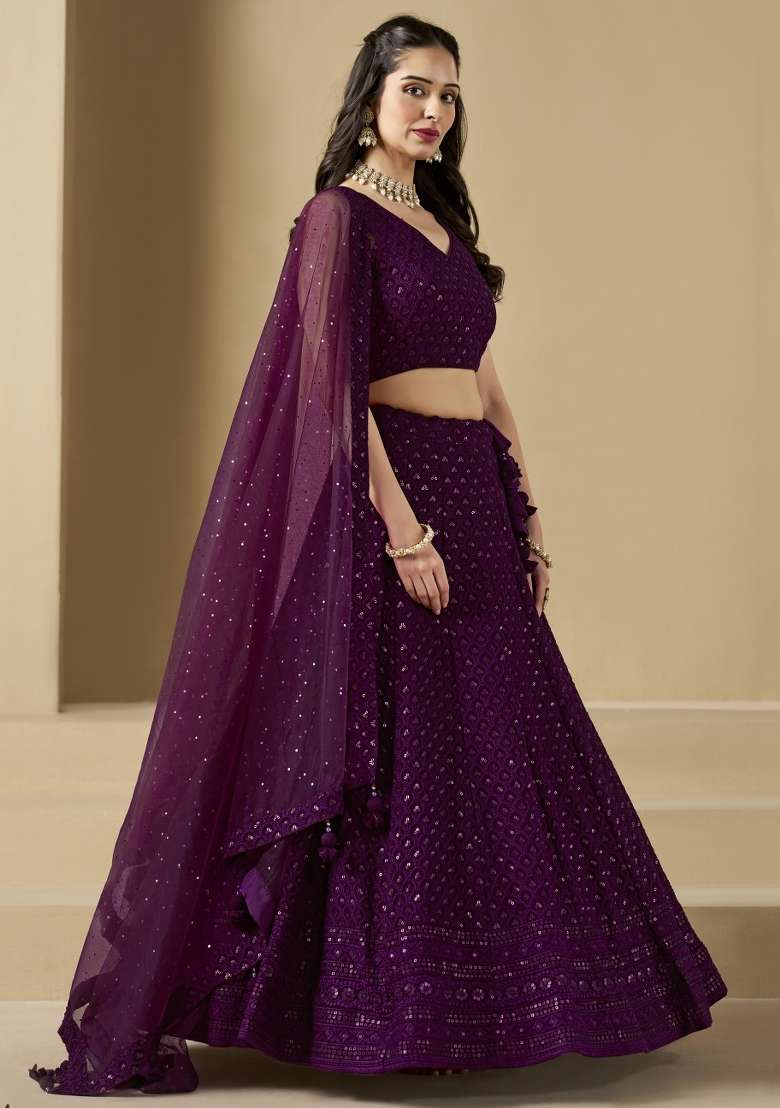 Wine And Choli Georgette Lehenga with Embroidery & Sequins for Diwali | Wedding & Festive Wear - Indya