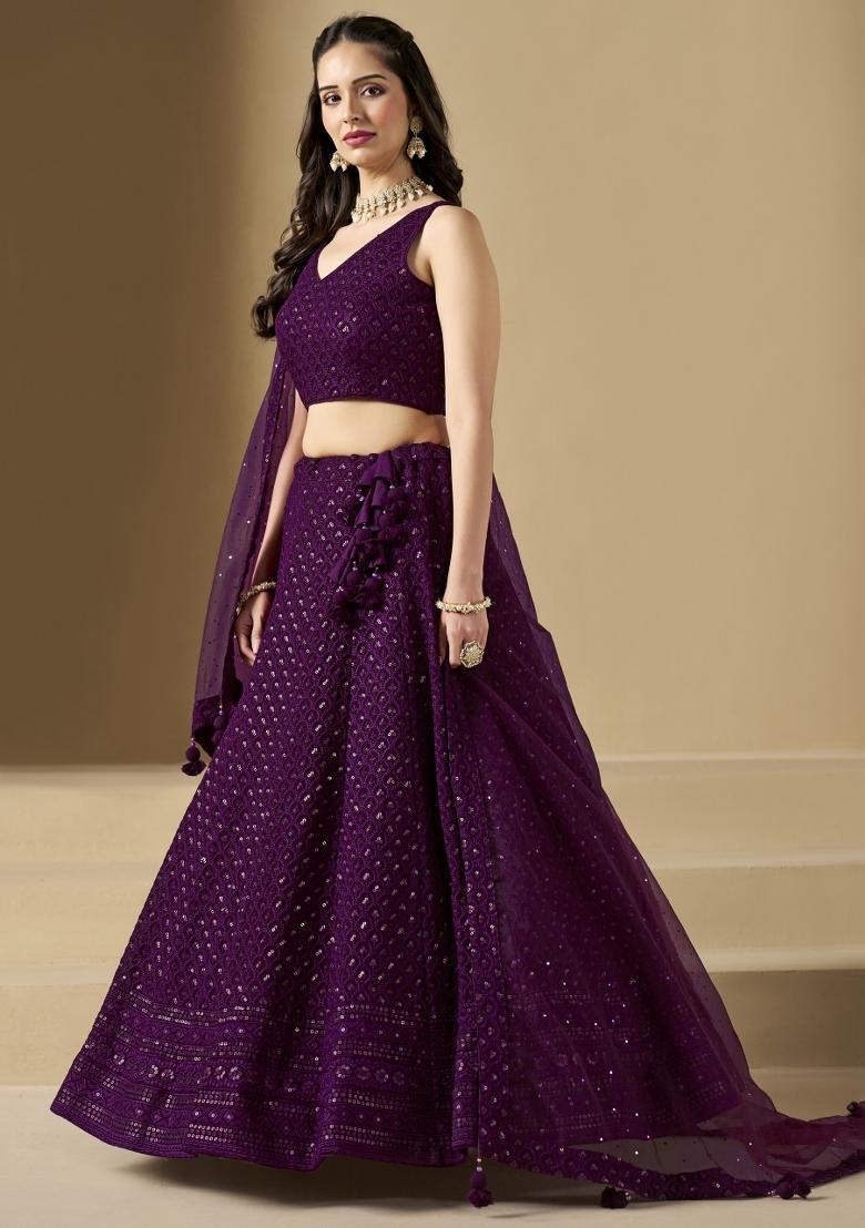 Wine Sequins And Thread Embroidery Work Georgette Lehenga Choli - Indya