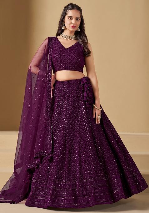 Wine Sequins And Thread Embroidery Work Georgette Lehenga Choli