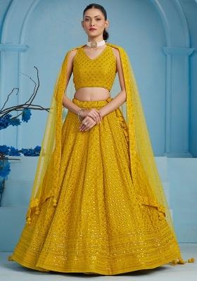 Yellow Sequins And Thread Embroidery Work Georgette Lehenga Choli