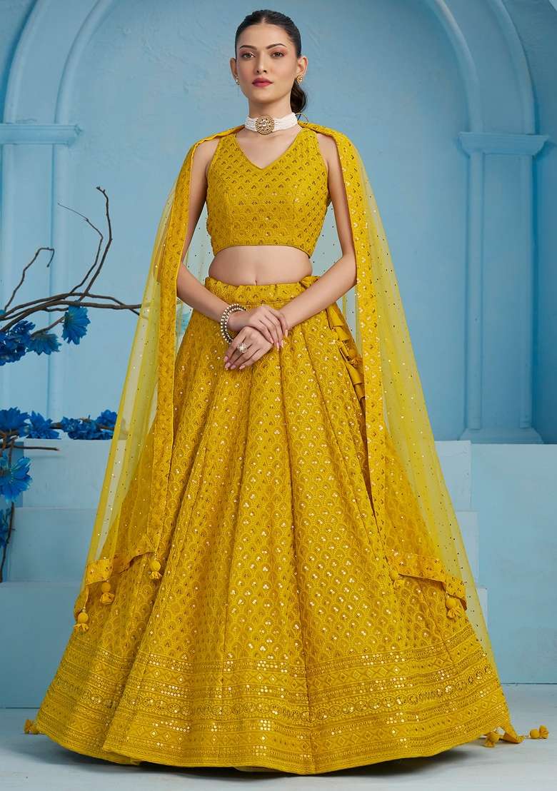 Yellow Sequins And Thread Embroidery Work Georgette Lehenga Choli for Diwali and Festive Wear - Indya