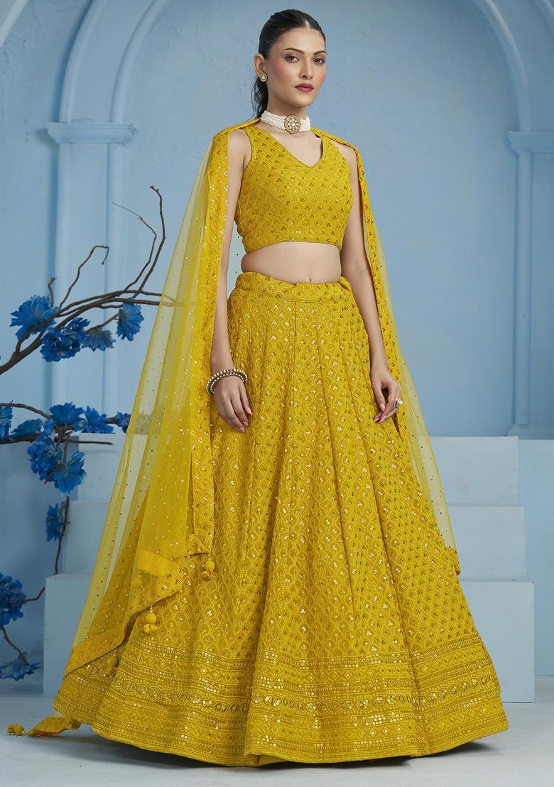 Yellow Sequins And Thread Embroidery Work Georgette Lehenga Choli - Indya