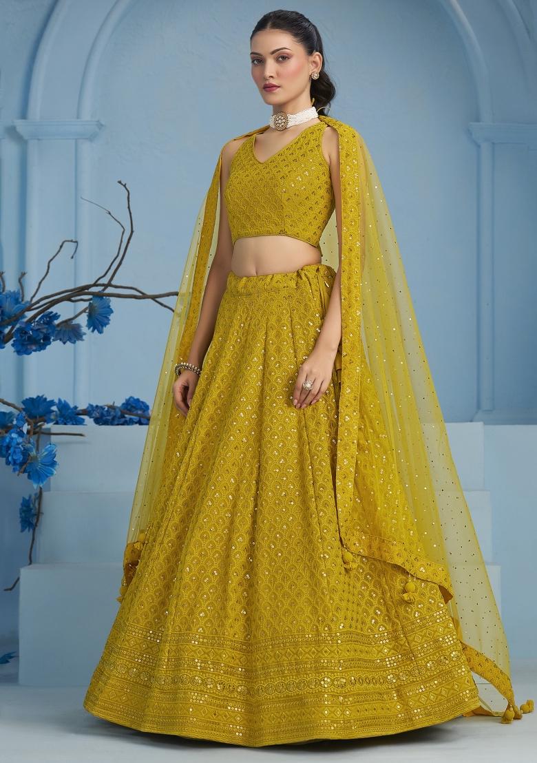 Yellow Sequins And Thread Embroidery Work Georgette Lehenga Choli - Indya