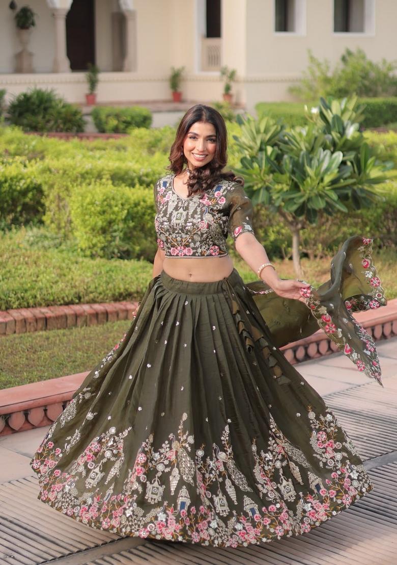 Mehendi Embroidered Cotton Lehenga Set - Indya