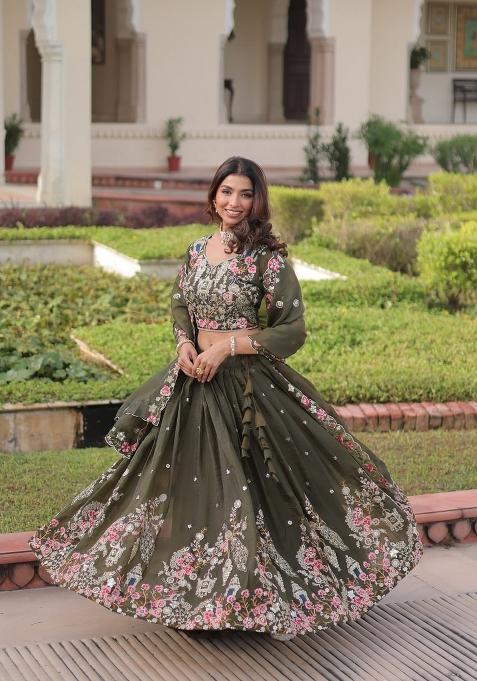 Mehendi Embroidered Cotton Lehenga Set