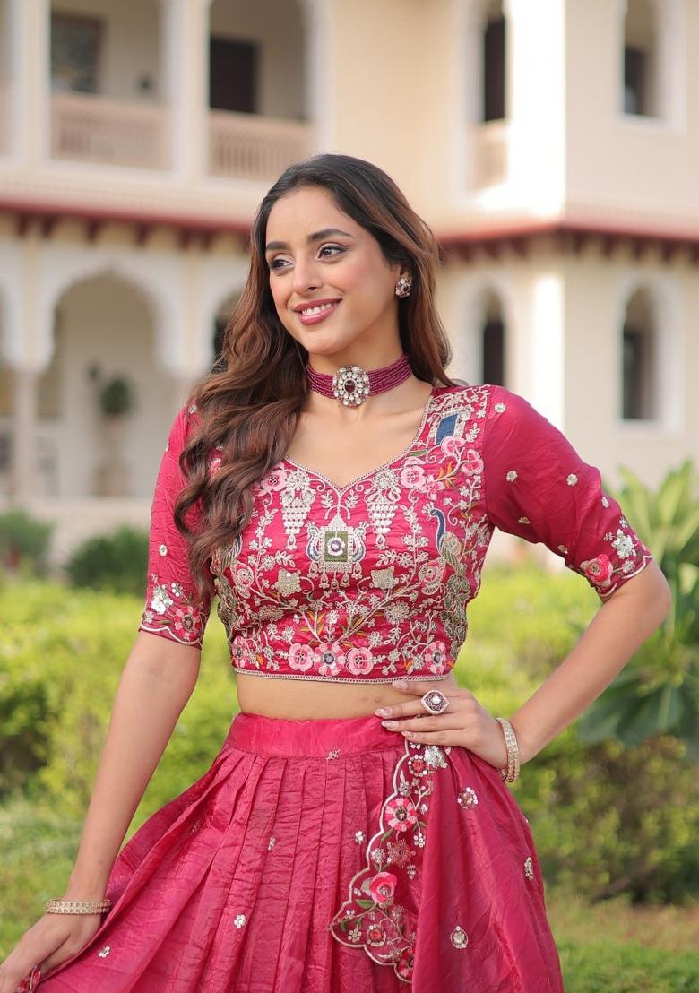 Pink Embroidered Cotton Lehenga Set - Indya
