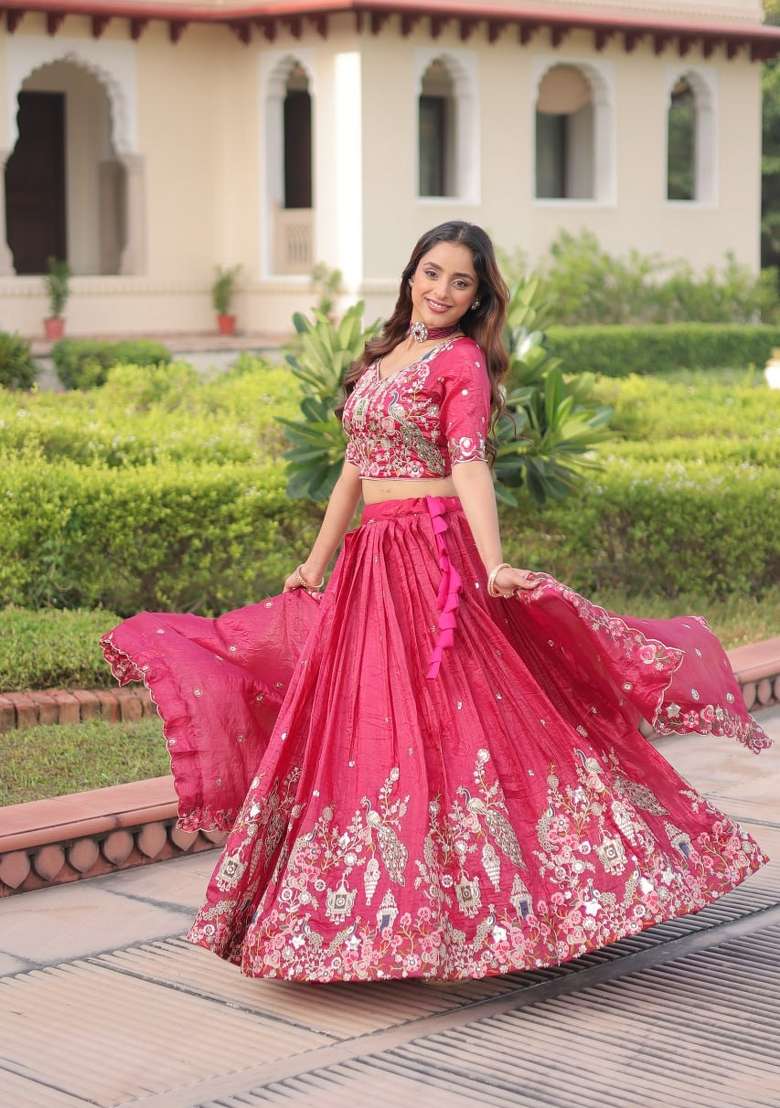 Pink Embroidered Cotton Lehenga Set - Indya