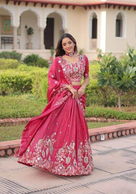 Pink Embroidered Cotton Lehenga Set