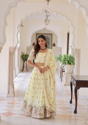 Cream Embroidered Cotton Lehenga Set