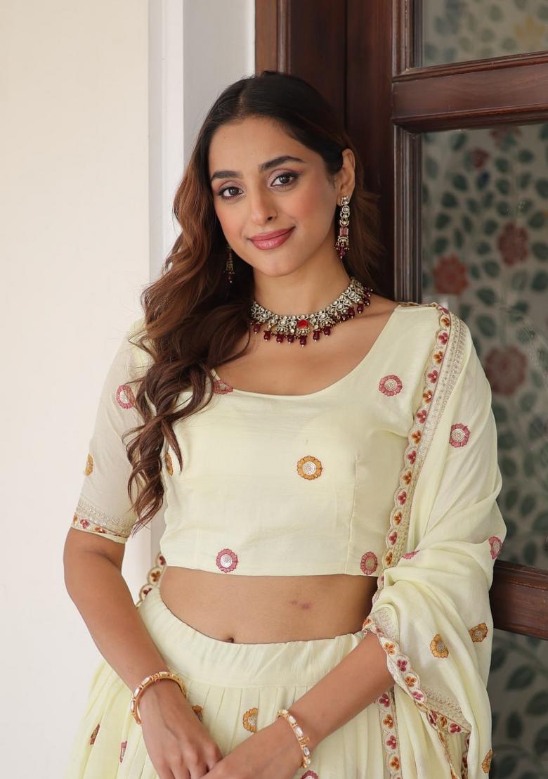 Cream Embroidered Cotton Lehenga Set - Indya