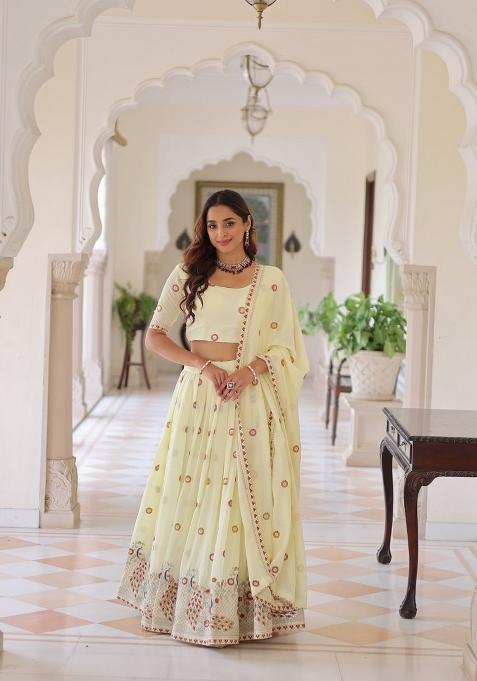 Cream Embroidered Cotton Lehenga Set