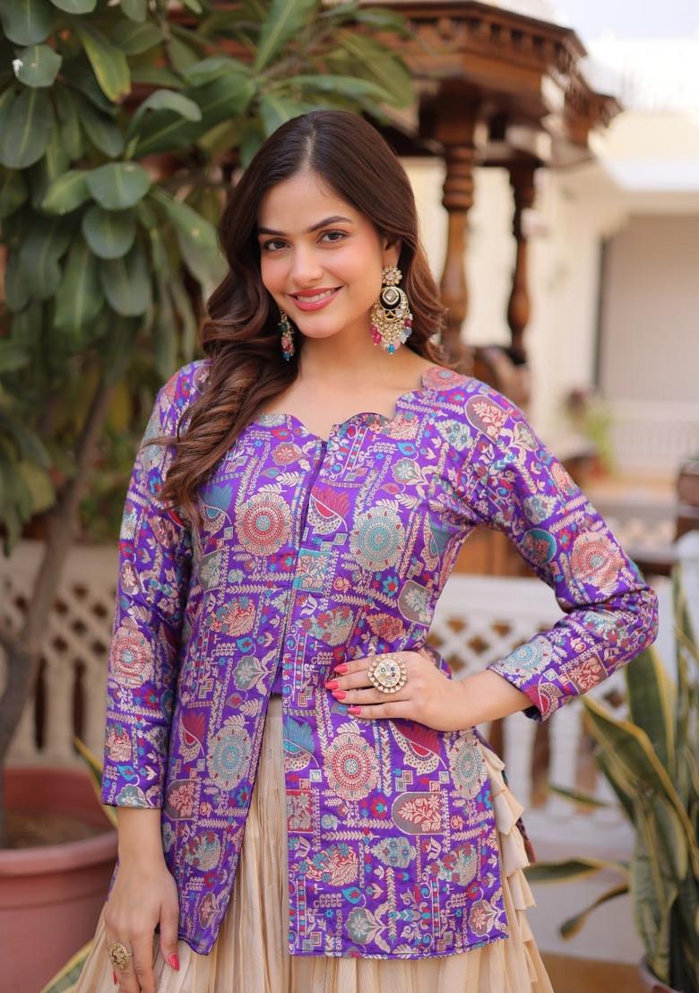 Purple Embroidered Cotton Lehenga Set - Indya