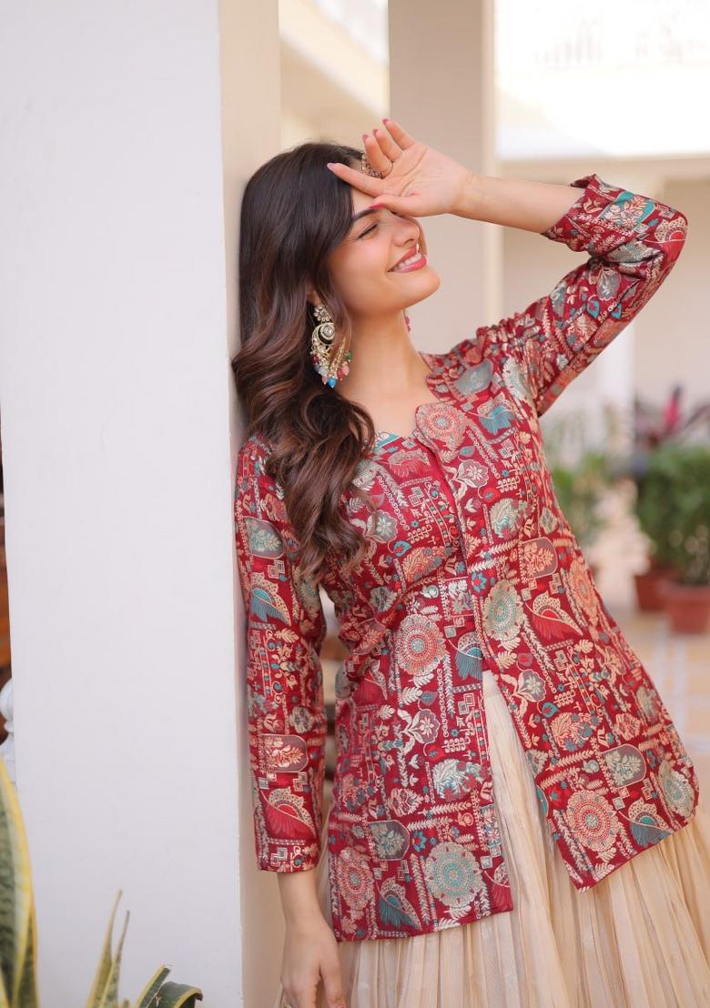Red Embroidered Cotton Lehenga Set - Indya