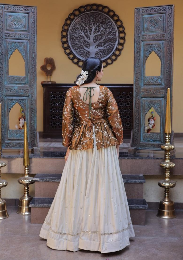 Golden Embroidered Cotton Lehenga Set - Indya