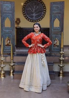 Orange Embroidered Cotton Lehenga Set