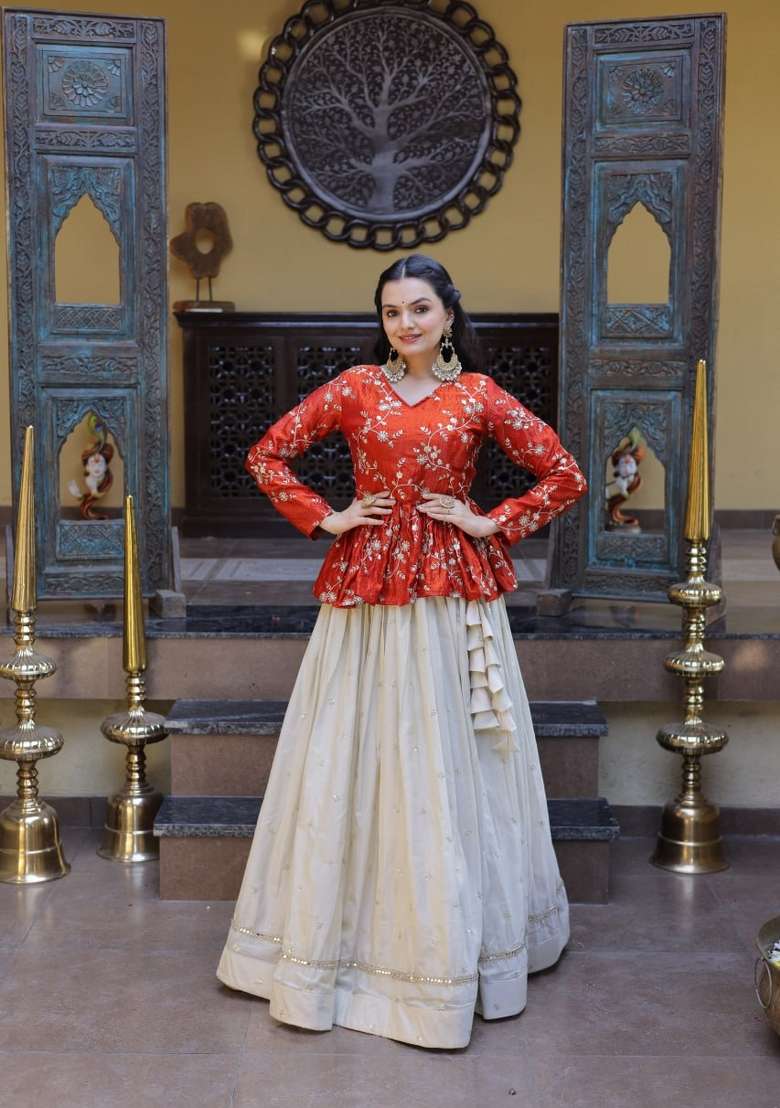 Orange Embroidered Cotton Lehenga Set - Indya