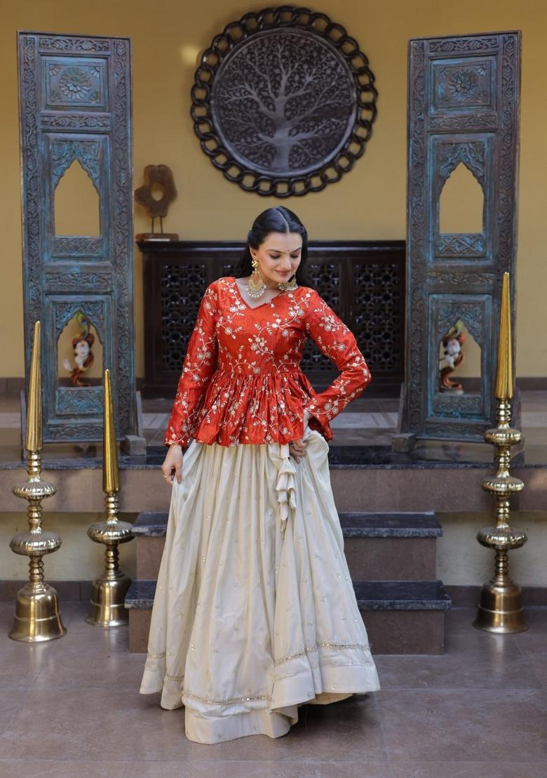 Orange Embroidered Cotton Lehenga Set - Indya