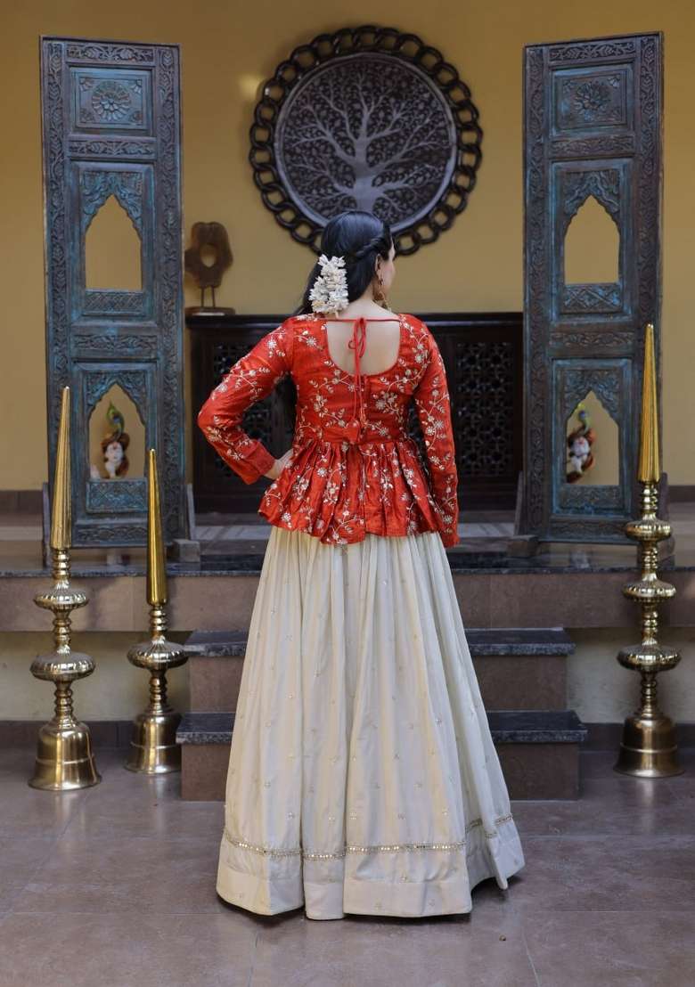 Orange Embroidered Cotton Lehenga Set - Indya