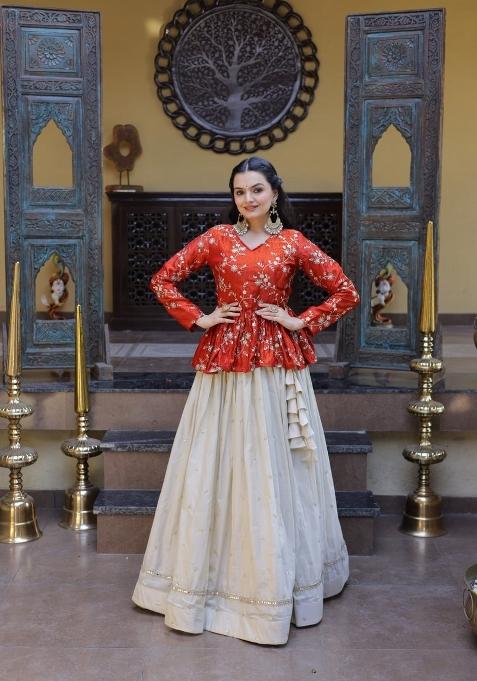 Orange Embroidered Cotton Lehenga Set