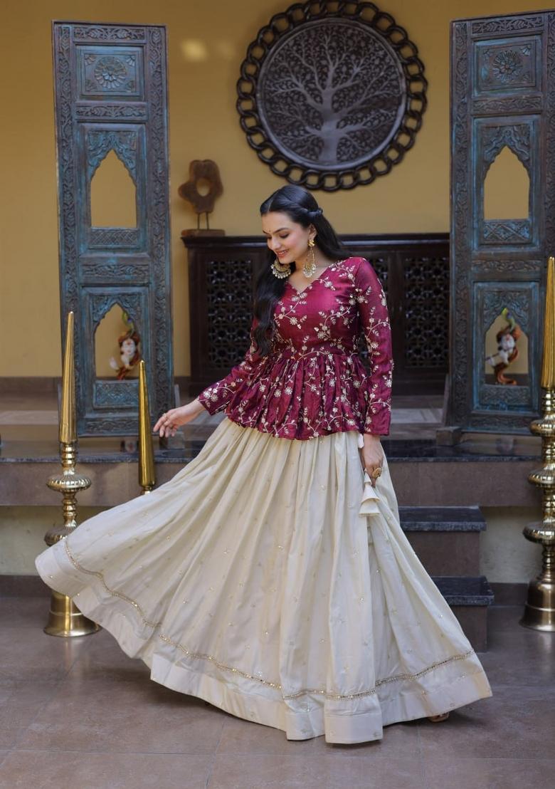 Magenta Embroidered Cotton Lehenga Set - Indya
