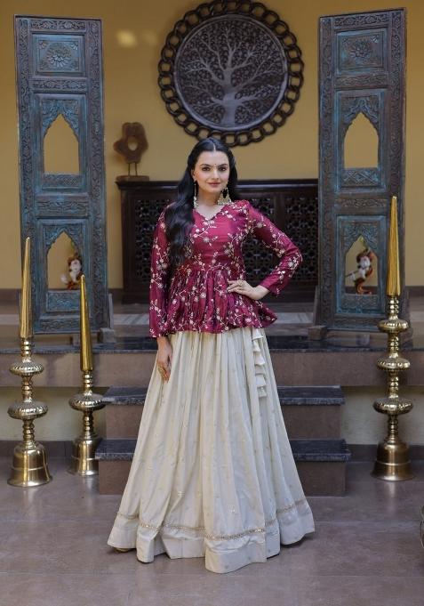 Magenta Embroidered Cotton Lehenga Set