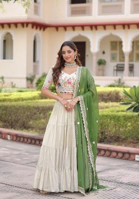 Cream Embroidered Silk Blend Lehenga Set