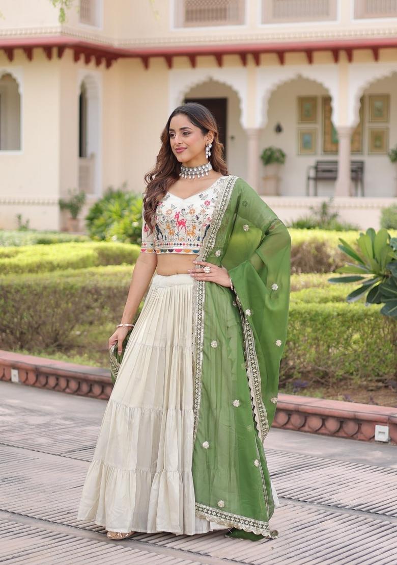 Cream Embroidered Silk Blend Lehenga Set - Indya
