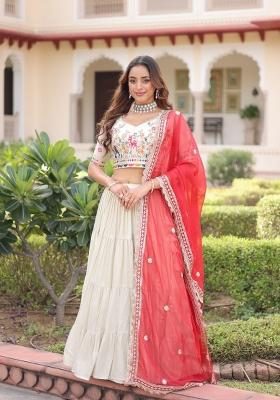 Cream Embroidered Silk Blend Lehenga Set