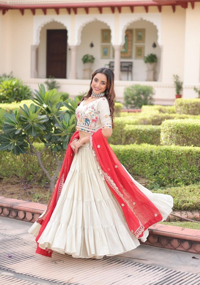 Cream Embroidered Silk Blend Lehenga Set - Indya