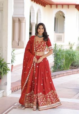 Red Embroidered Silk Lehenga Set