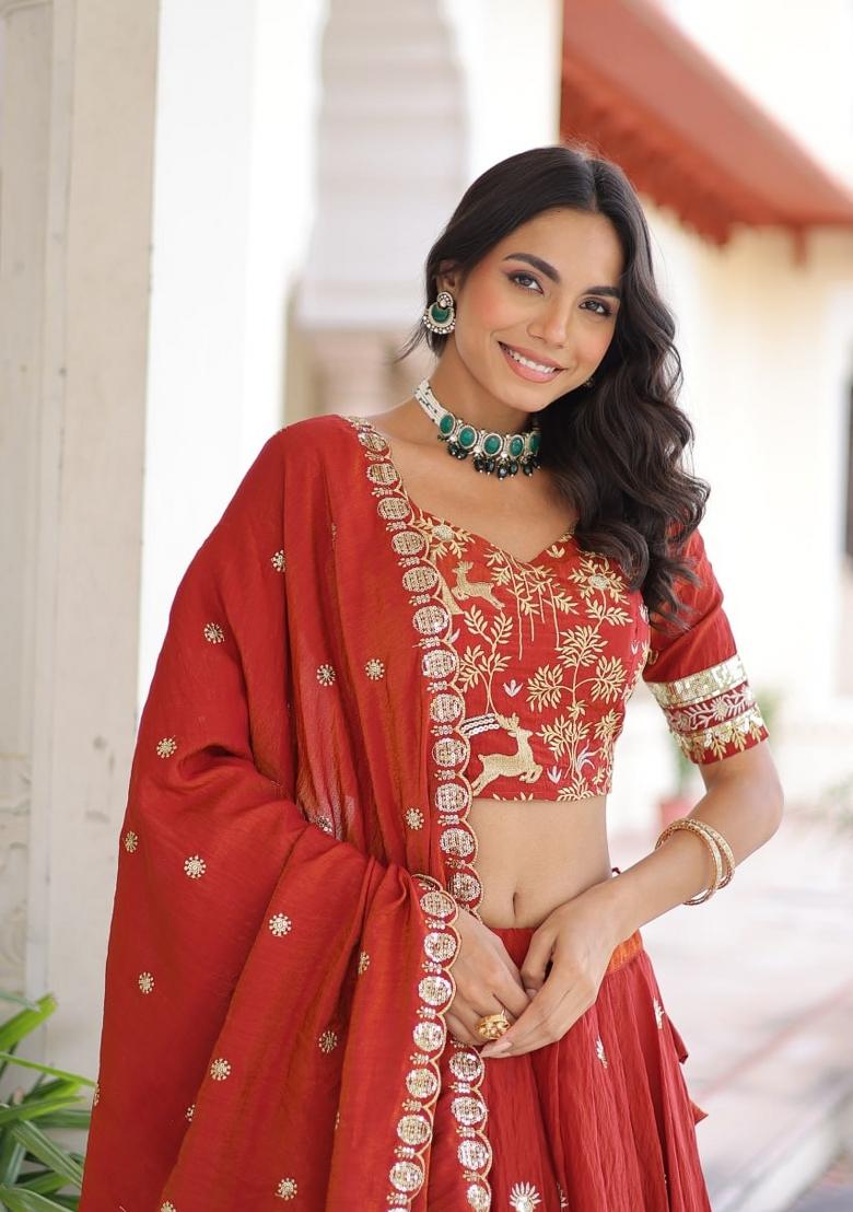 Red Embroidered Silk Blend Lehenga Set - Indya