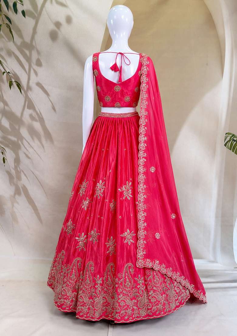 Pink Silk Lehenga Set with Embroidered for Diwali | Wedding & Festive Wear - Indya