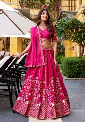 Deep Pink Embroidered Georgette Lehenga Set