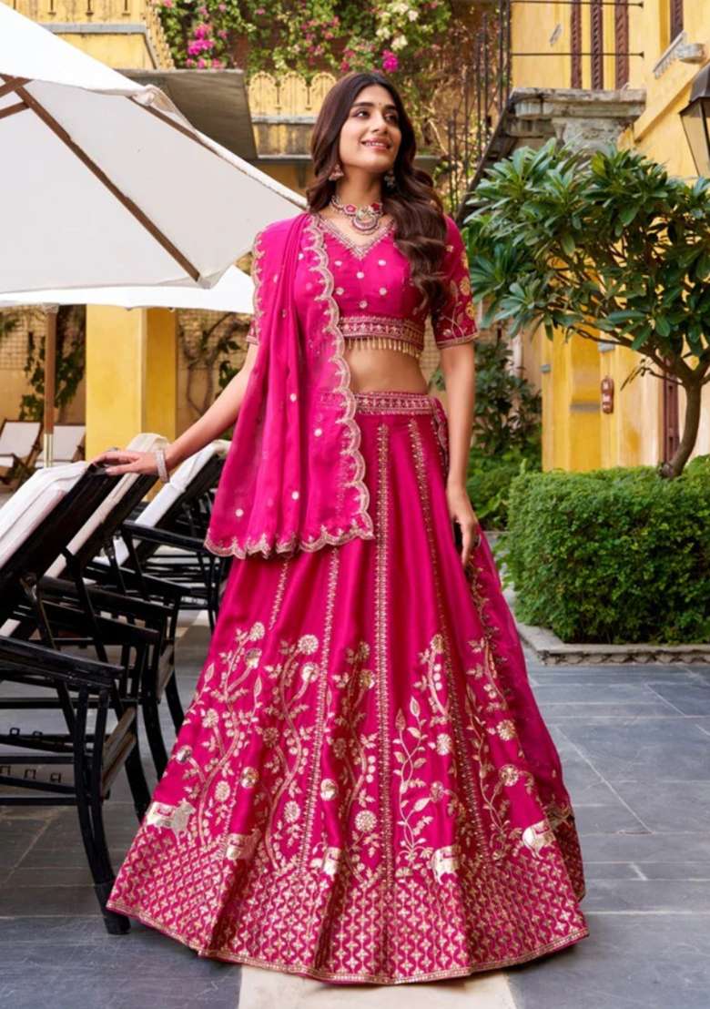 Deep Pink Georgette Lehenga Set with Embroidered for Diwali | Wedding & Festive Wear - Indya