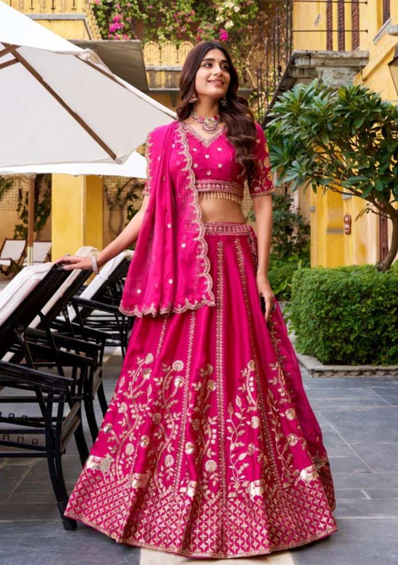 Deep Pink Georgette Lehenga Set with Embroidered for Diwali | Wedding & Festive Wear - Indya