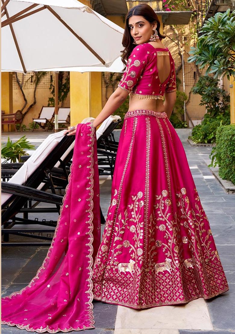 Deep Pink Embroidered Georgette Lehenga Set - Indya
