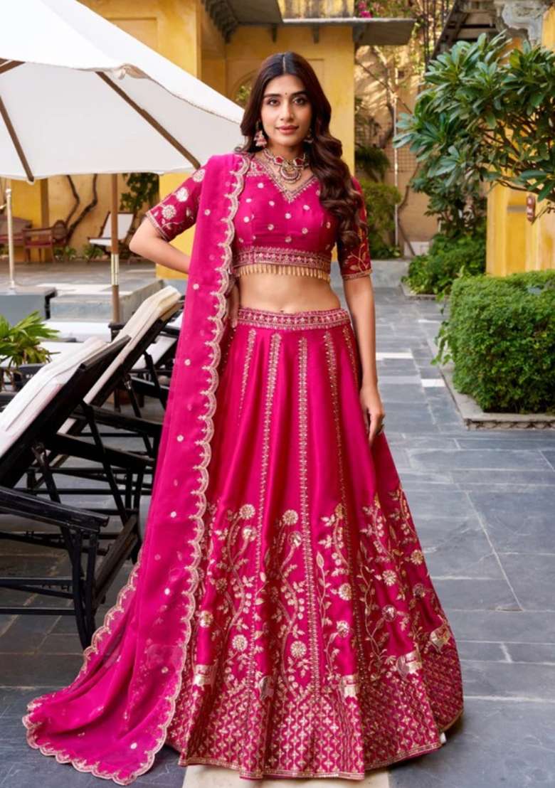 Deep Pink Georgette Lehenga Set with Embroidered for Diwali | Wedding & Festive Wear - Indya