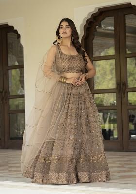 Brown Embroidered Net Lehenga Set