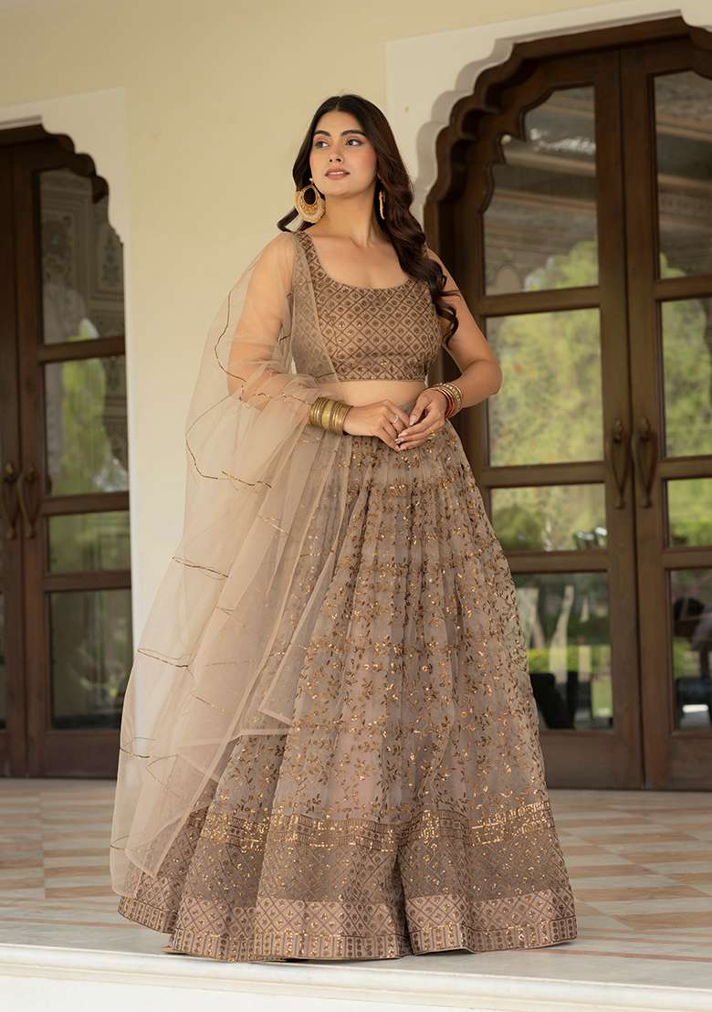 Brown Embroidered Net Lehenga Set for Diwali and Festive Wear - Indya
