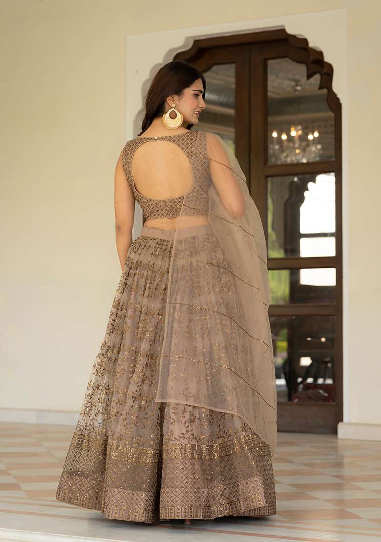 Brown Embroidered Net Lehenga Set for Diwali and Festive Wear - Indya