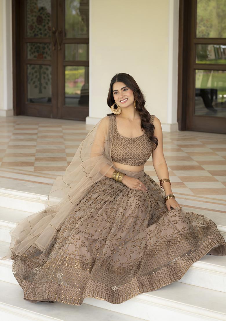 Brown Embroidered Net Lehenga Set - Indya
