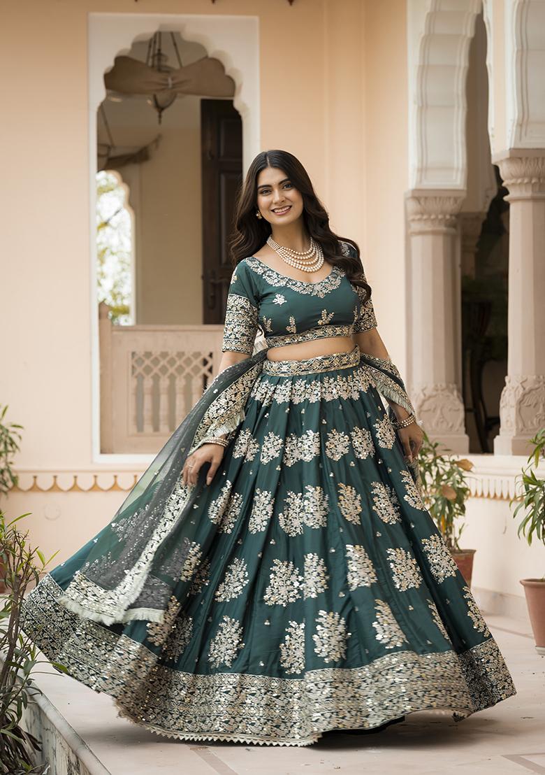 Green Embroidered Silk Blend Lehenga Set - Indya