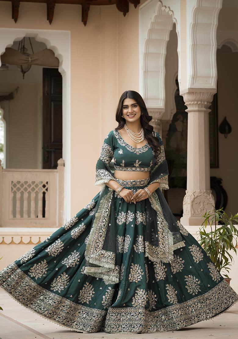 Green Embroidered Silk Blend Lehenga Set - Indya