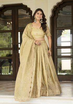 Cream Embroidered Silk Blend Lehenga Set